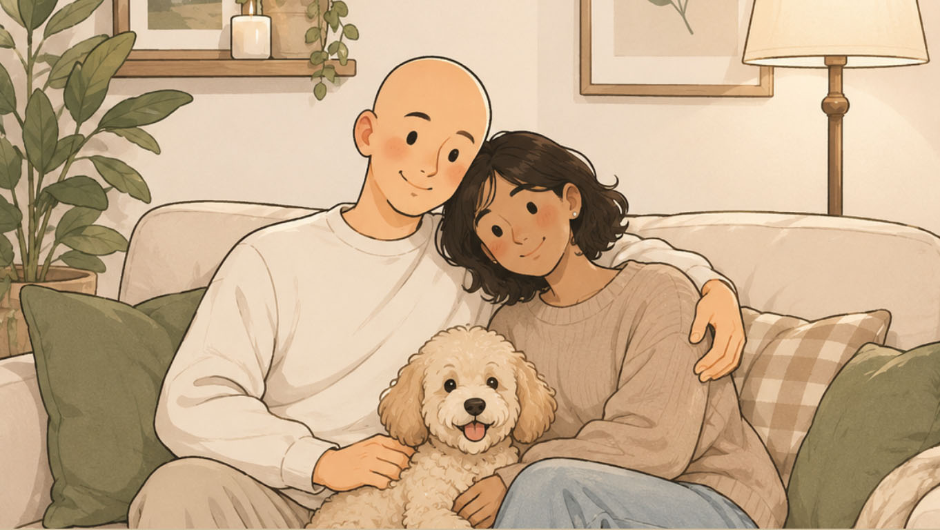 Lucía y Alberto en casa con su perrito