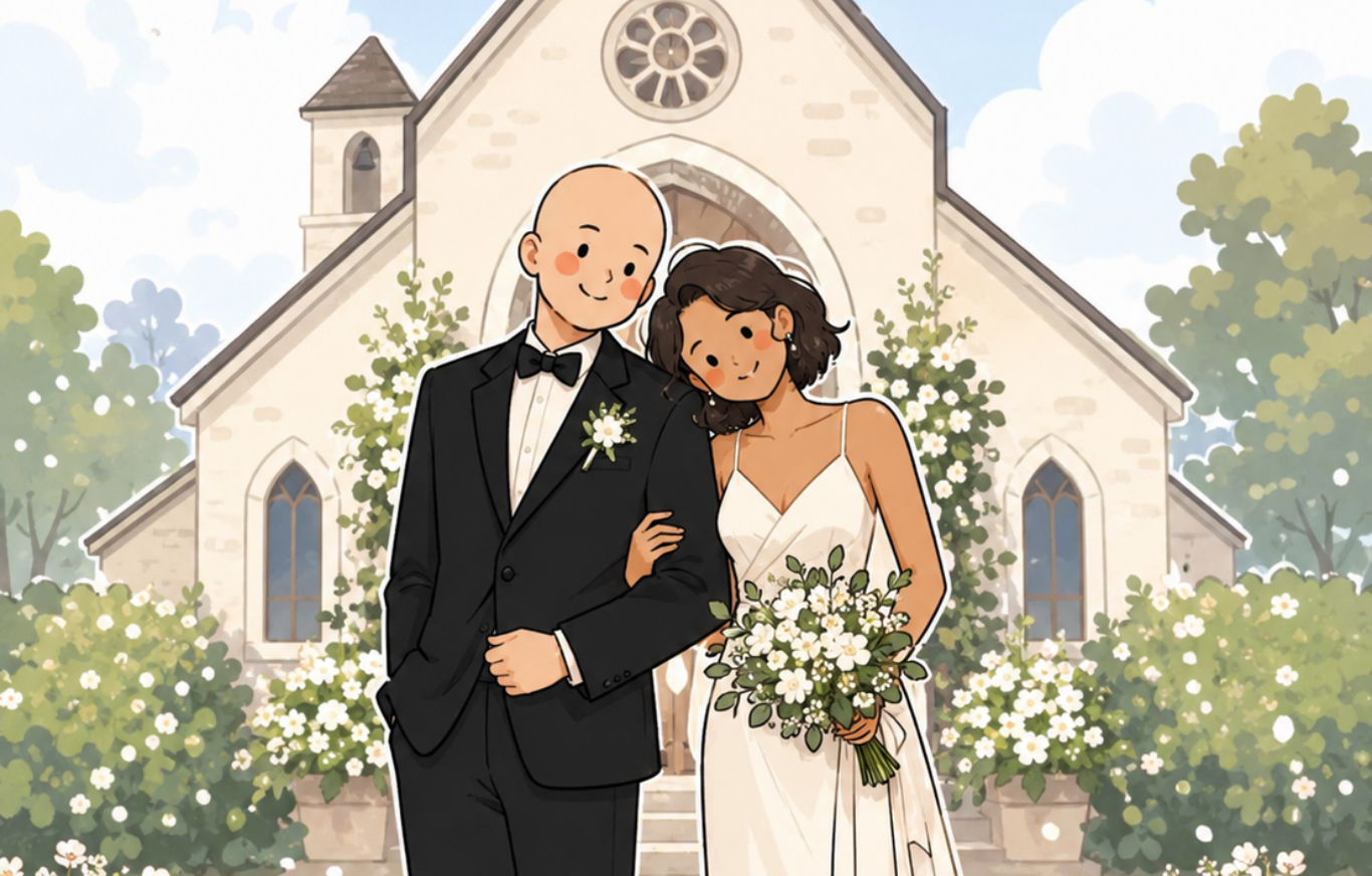 Ilustración de Lucía y Alberto frente a una iglesia